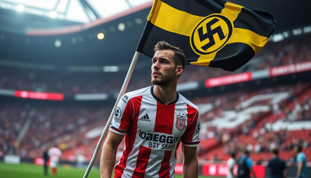 un supporter du stade de reims condamné après avoir été photographié avec un drapeau néo-nazi au stade, soulevant une polémique autour des comportements inacceptables dans les tribunes.