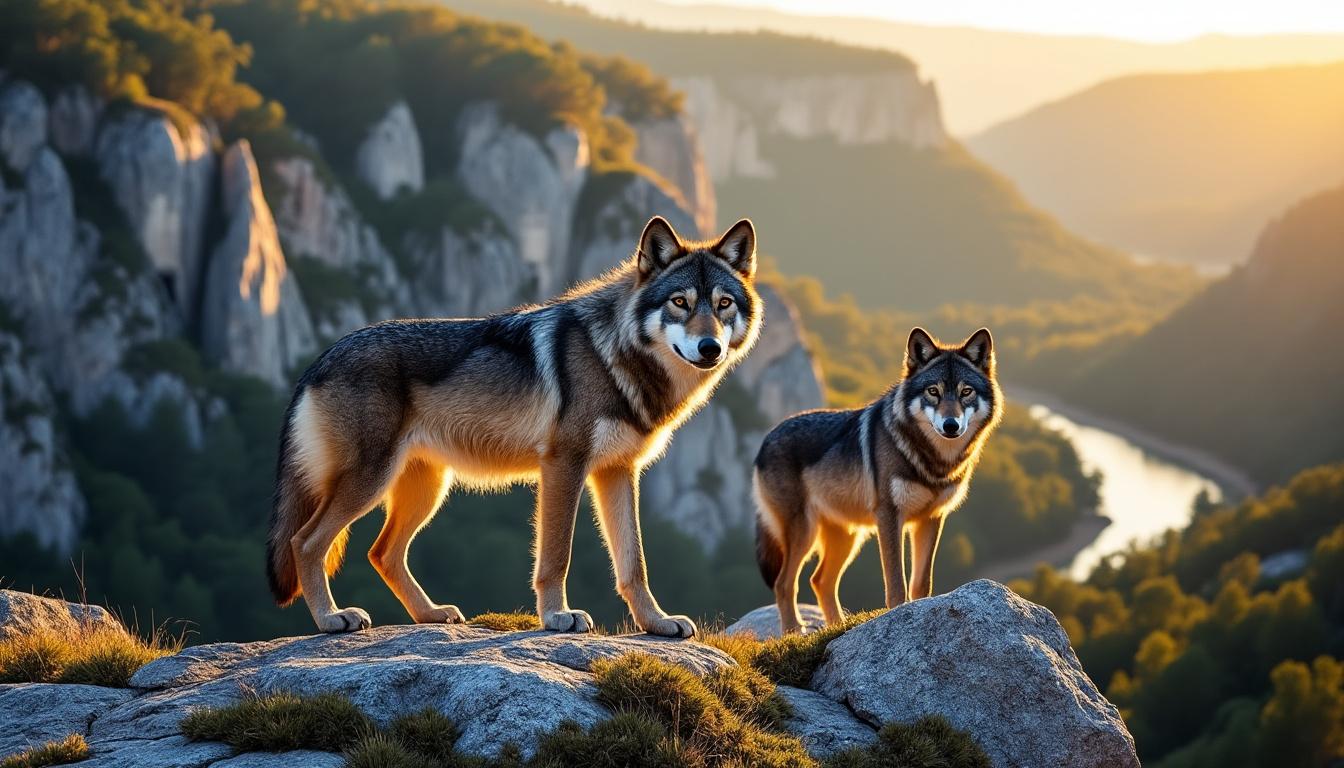 ardèche : deux loups photographiés près du col de l'escrinet, vraisemblablement un couple, immortalisés en pleine nature sauvage.