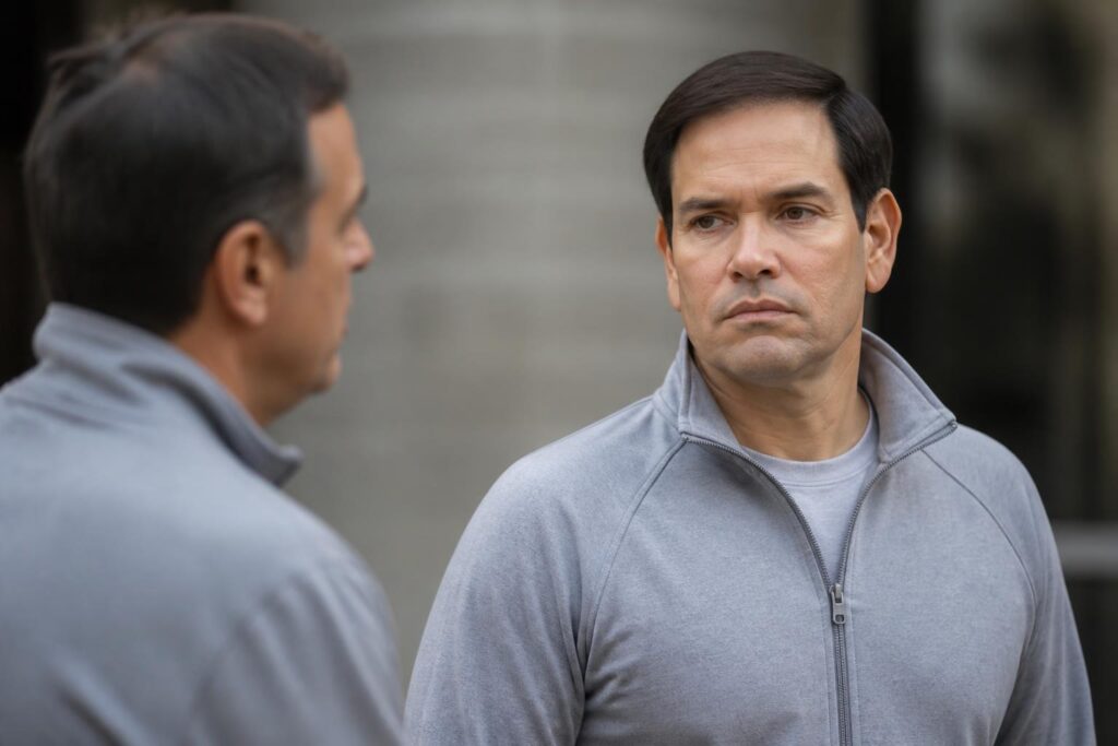 marco rubio réfute les accusations d'avoir copié le style du survêtement gris de nicolas, affirmant au contraire que c'est nicolas qui l'a imité.