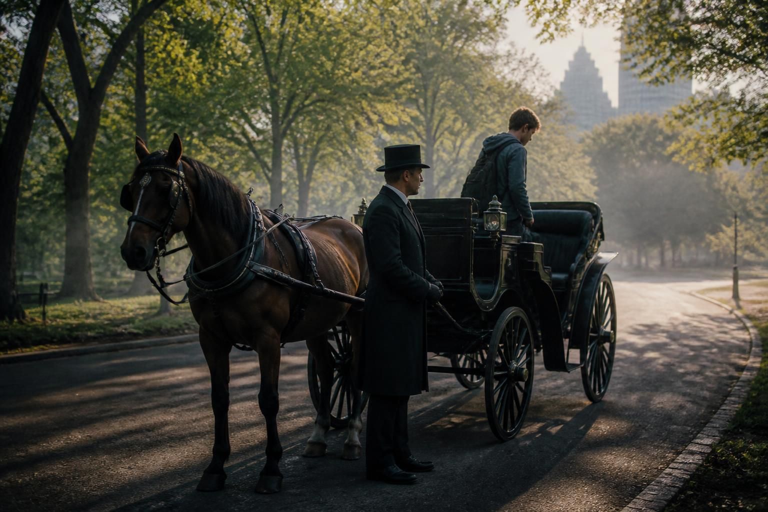 à central park, un cocher s’arrête brièvement pour une photo, mais un passager de 18 ans disparaît mystérieusement, suscitant inquiétude et mystère.