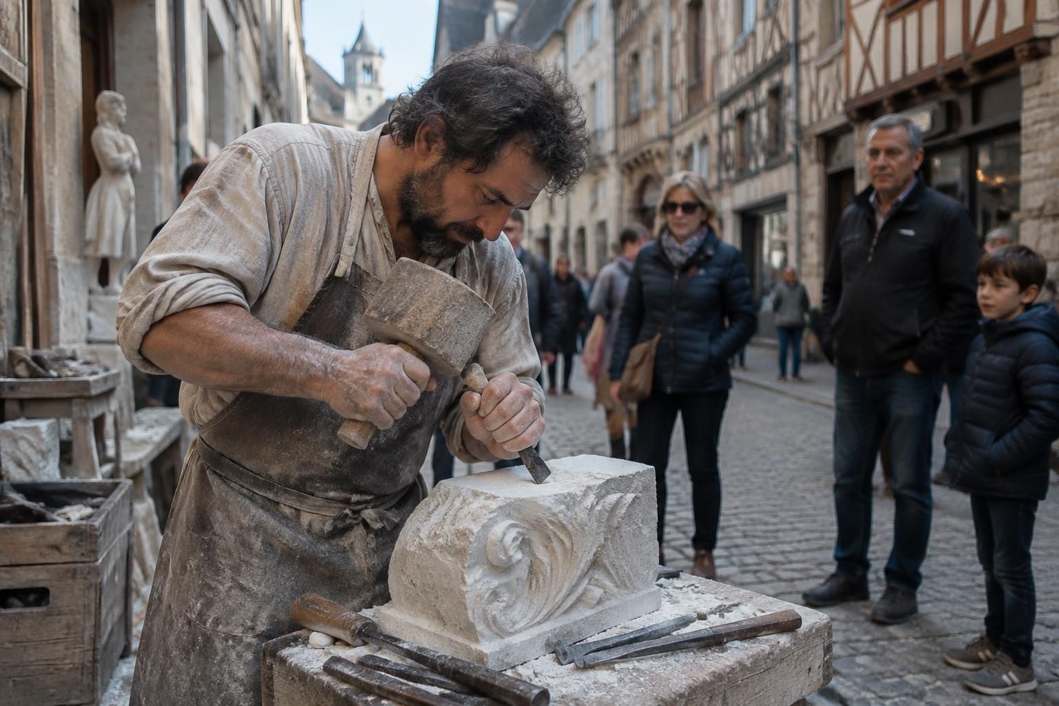 à dijon, maxime fait renaître un savoir-faire d’autrefois avec un travail artisanal qui attire les regards des passants.